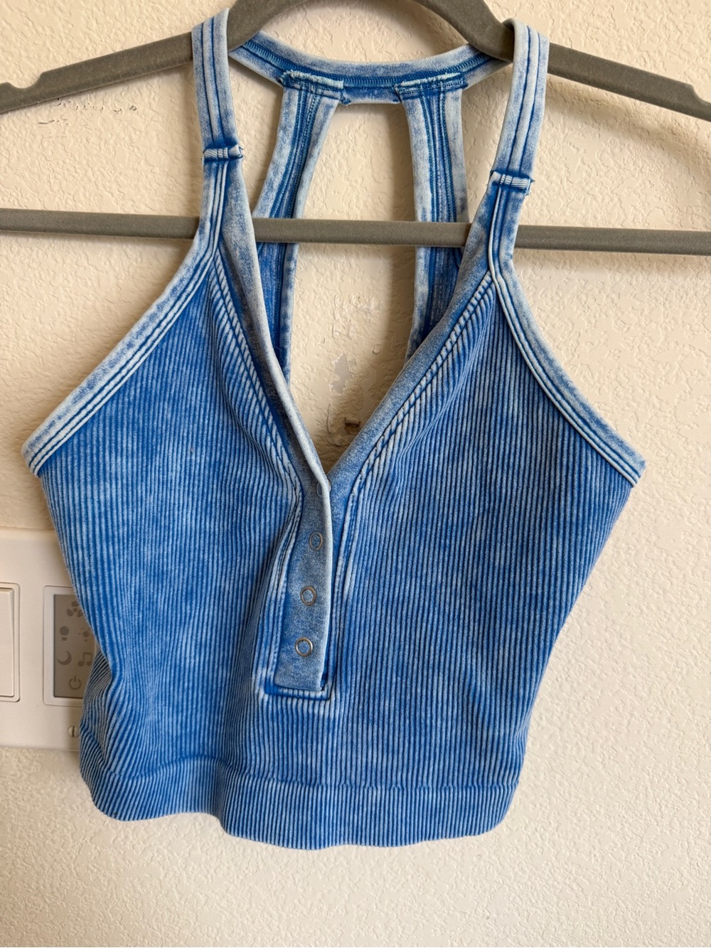 Zenana Outfitters Washed Blue Ribbed Racerback Tank with Button Placket